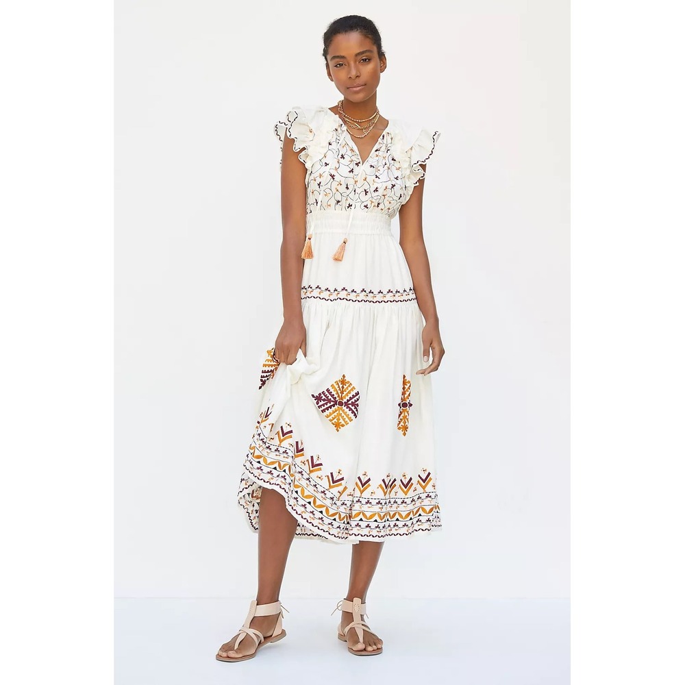 Anthropologie Embroidered Midi Dress White Boho Ruffle Tassel OB1365078 Womens S